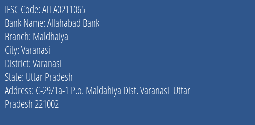 Allahabad Bank Maldhaiya Branch Varanasi IFSC Code ALLA0211065