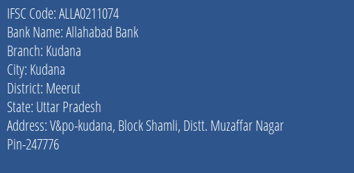 Allahabad Bank Kudana Branch Meerut IFSC Code ALLA0211074