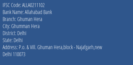Allahabad Bank Ghuman Hera Branch Delhi IFSC Code ALLA0211102