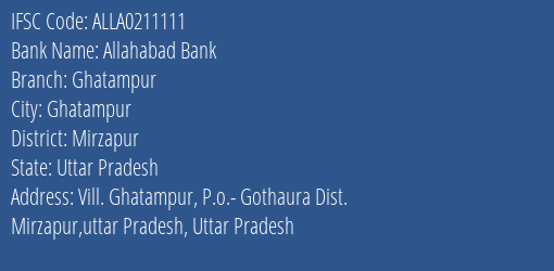 Allahabad Bank Ghatampur Branch Mirzapur IFSC Code ALLA0211111