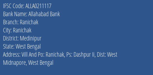 Allahabad Bank Ranichak Branch Medinipur IFSC Code ALLA0211117