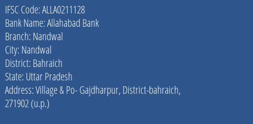 Allahabad Bank Nandwal Branch, Branch Code 211128 & IFSC Code Alla0211128