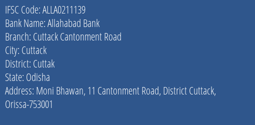 Allahabad Bank Cuttack Cantonment Road Branch Cuttak IFSC Code ALLA0211139