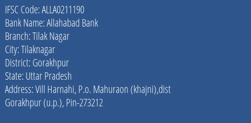 Allahabad Bank Tilak Nagar Branch Gorakhpur IFSC Code ALLA0211190