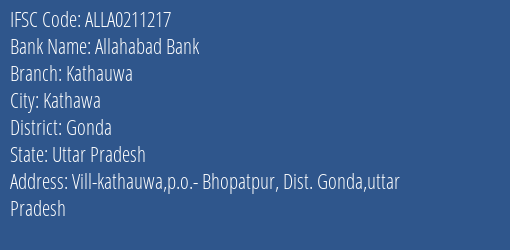 Allahabad Bank Kathauwa Branch Gonda IFSC Code ALLA0211217