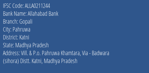Allahabad Bank Gopali Branch Katni IFSC Code ALLA0211244