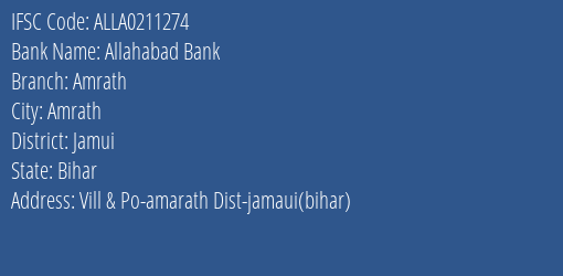 Allahabad Bank Amrath Branch Jamui IFSC Code ALLA0211274
