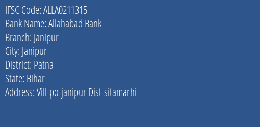 Allahabad Bank Janipur Branch Patna IFSC Code ALLA0211315
