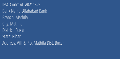 Allahabad Bank Mathila Branch Buxar IFSC Code ALLA0211325