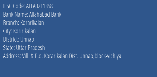 Allahabad Bank Korarikalan Branch Unnao IFSC Code ALLA0211358