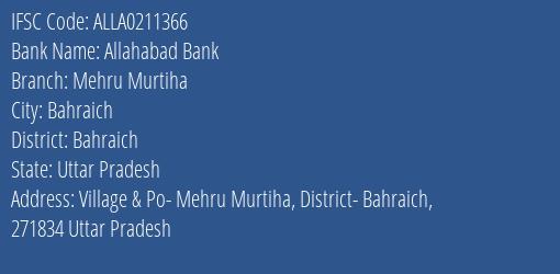 Allahabad Bank Mehru Murtiha Branch Bahraich IFSC Code ALLA0211366