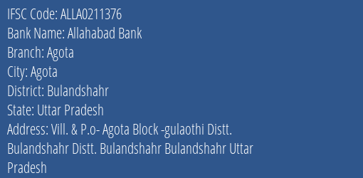 Allahabad Bank Agota Branch Bulandshahr IFSC Code ALLA0211376