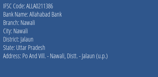 Allahabad Bank Nawali Branch Jalaun IFSC Code ALLA0211386