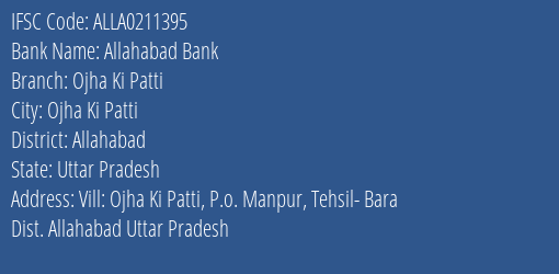 Allahabad Bank Ojha Ki Patti Branch Allahabad IFSC Code ALLA0211395