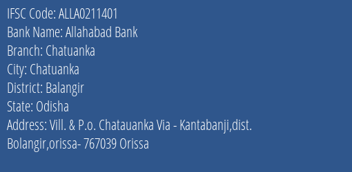 Allahabad Bank Chatuanka Branch Balangir IFSC Code ALLA0211401