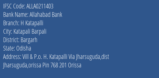 Allahabad Bank H Katapalli Branch Bargarh IFSC Code ALLA0211403