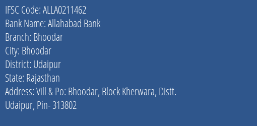 Allahabad Bank Bhoodar Branch Udaipur IFSC Code ALLA0211462