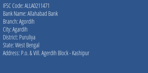 Allahabad Bank Agordih Branch Puruliya IFSC Code ALLA0211471