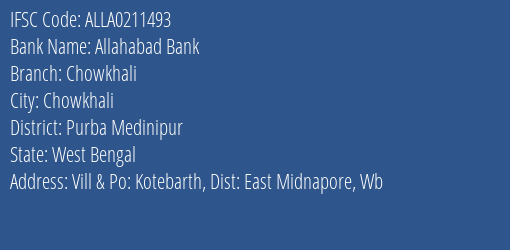 Allahabad Bank Chowkhali Branch Purba Medinipur IFSC Code ALLA0211493