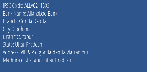 Allahabad Bank Gonda Deoria Branch Sitapur IFSC Code ALLA0211503