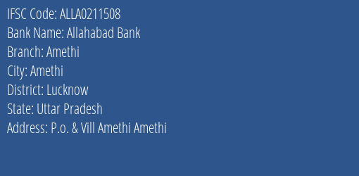 Allahabad Bank Amethi Branch Lucknow IFSC Code ALLA0211508