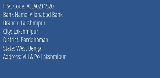 Allahabad Bank Lakshmipur Branch Barddhaman IFSC Code ALLA0211520