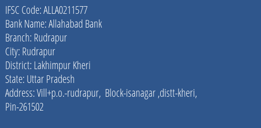 Allahabad Bank Rudrapur Branch Lakhimpur Kheri IFSC Code ALLA0211577