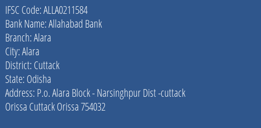 Allahabad Bank Alara Branch Cuttack IFSC Code ALLA0211584