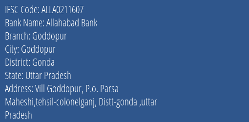 Allahabad Bank Goddopur Branch Gonda IFSC Code ALLA0211607