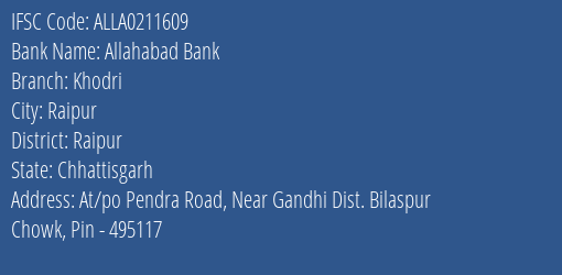 Allahabad Bank Khodri Branch Raipur IFSC Code ALLA0211609