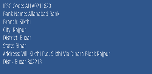 Allahabad Bank Sikthi Branch Buxar IFSC Code ALLA0211620