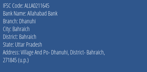 Allahabad Bank Dhanuhi Branch, Branch Code 211645 & IFSC Code Alla0211645