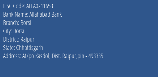 Allahabad Bank Borsi Branch Raipur IFSC Code ALLA0211653
