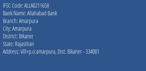 Allahabad Bank Amarpura Branch Bikaner IFSC Code ALLA0211658