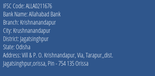 Allahabad Bank Krishnanandapur Branch Jagatsinghpur IFSC Code ALLA0211676