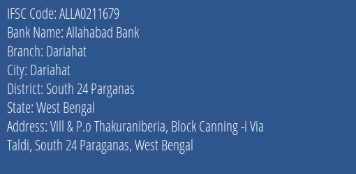 Allahabad Bank Dariahat Branch South 24 Parganas IFSC Code ALLA0211679