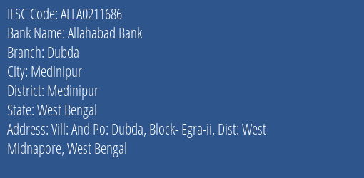 Allahabad Bank Dubda Branch Medinipur IFSC Code ALLA0211686