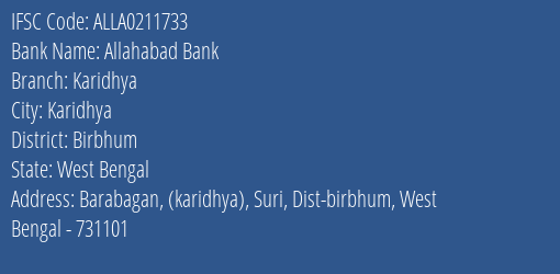 Allahabad Bank Karidhya Branch Birbhum IFSC Code ALLA0211733