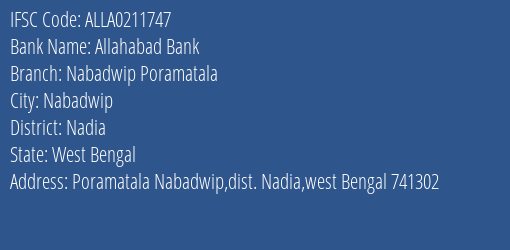 Allahabad Bank Nabadwip Poramatala Branch Nadia IFSC Code ALLA0211747
