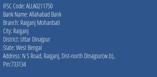 Allahabad Bank Raiganj Mohanbati Branch Uttar Dinajpur IFSC Code ALLA0211750