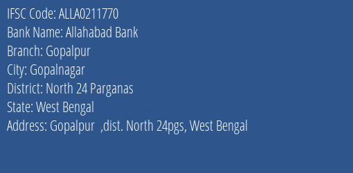 Allahabad Bank Gopalpur Branch North 24 Parganas IFSC Code ALLA0211770