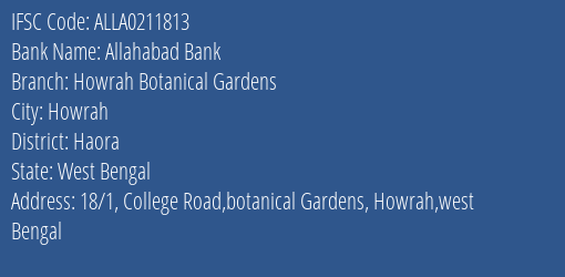 Allahabad Bank Howrah Botanical Gardens Branch Haora IFSC Code ALLA0211813