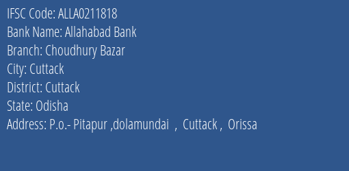 Allahabad Bank Choudhury Bazar Branch Cuttack IFSC Code ALLA0211818