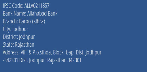 Allahabad Bank Baroo Sihra Branch Jodhpur IFSC Code ALLA0211857