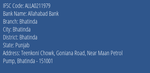 Allahabad Bank Bhatinda Branch, Branch Code 211979 & IFSC Code ALLA0211979