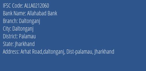 Allahabad Bank Daltonganj Branch, Branch Code 212060 & IFSC Code ALLA0212060