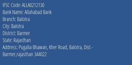 Allahabad Bank Balotra Branch Barmer IFSC Code ALLA0212130