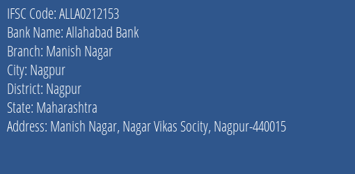 Allahabad Bank Manish Nagar Branch Nagpur IFSC Code ALLA0212153