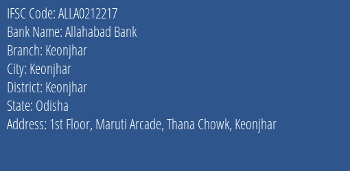 Allahabad Bank Keonjhar Branch Keonjhar IFSC Code ALLA0212217