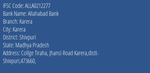 Allahabad Bank Karera Branch Shivpuri IFSC Code ALLA0212277